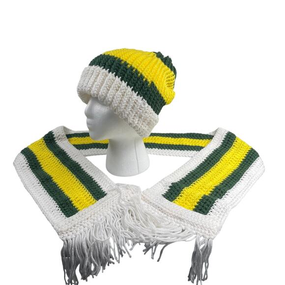 Adult Hand Crocheted Hat Scarf Set Green Yellow Green Bay Packers Oregon Ducks - Picture 1 of 6